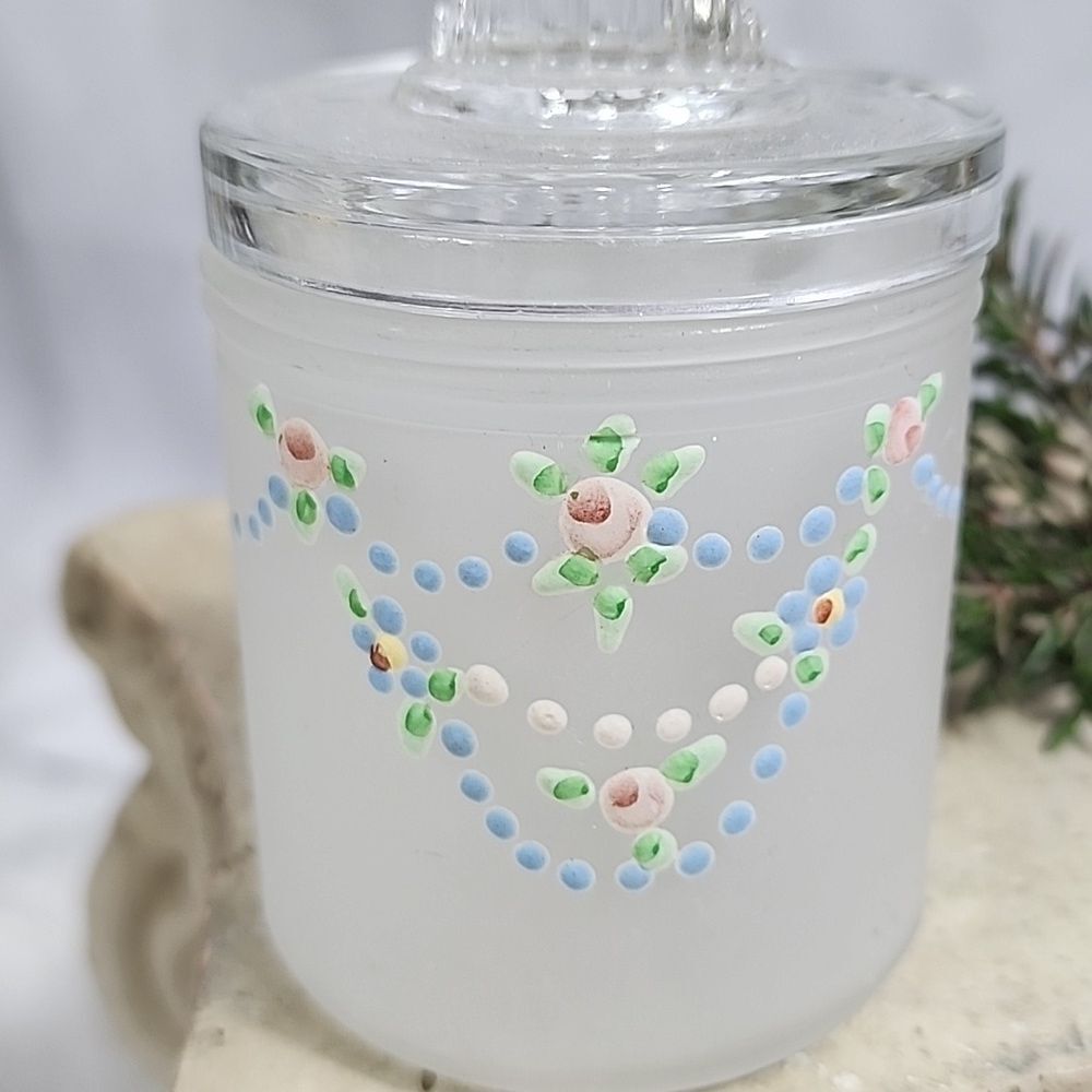 Sweet little Frosted Jar with Handpainted Florals